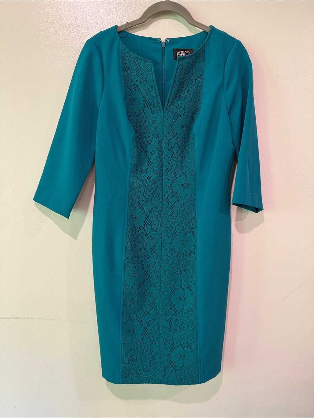 Adrianna Papell Teal Lace-Front Sheath Dress (4P)